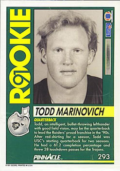 1991 Pinnacle #293 Todd Marinovich Back