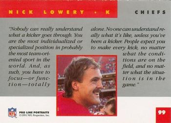 1991 Pro Line Portraits #99 Nick Lowery Back
