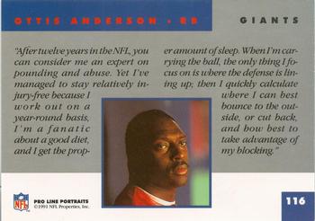 1991 Pro Line Portraits #116 Ottis Anderson Back