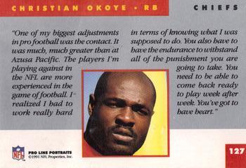 1991 Pro Line Portraits #127 Christian Okoye Back