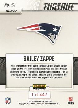 2022 Panini Instant NFL #51 Bailey Zappe Back