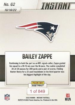 2022 Panini Instant NFL #62 Bailey Zappe Back