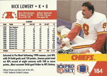 1991 Pro Set #184 Nick Lowery Back