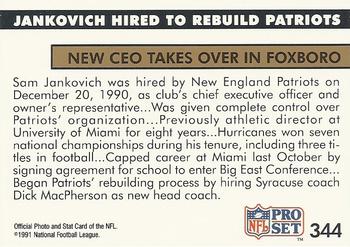 1991 Pro Set #344 Jankovich Hired to Rebuild Patriots Back