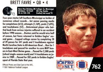 1991 Pro Set #762 Brett Favre Back