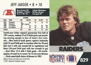 1991 Pro Set #829 Jeff Jaeger Back