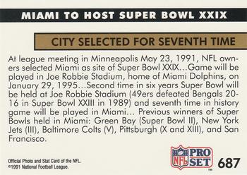 1991 Pro Set #687 Miami To Host Super Bowl XXIX Back
