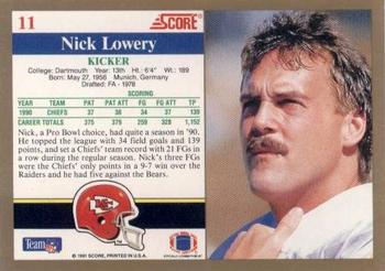 1991 Score #11 Nick Lowery Back