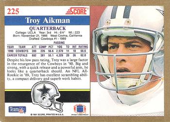1991 Score #225 Troy Aikman Back