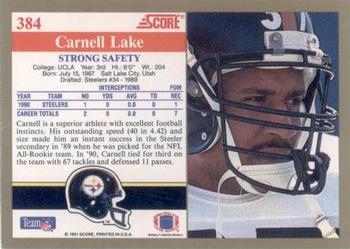 1991 Score #384 Carnell Lake Back