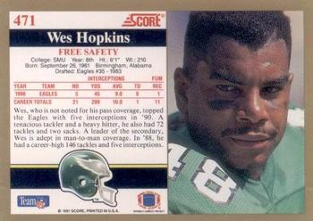 1991 Score #471 Wes Hopkins Back