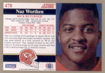 1991 Score #478 Naz Worthen Back