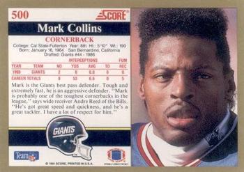 1991 Score #500 Mark Collins Back