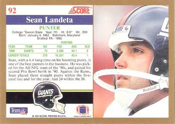 1991 Score #92 Sean Landeta Back