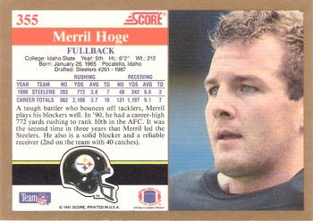 1991 Score #355 Merril Hoge Back