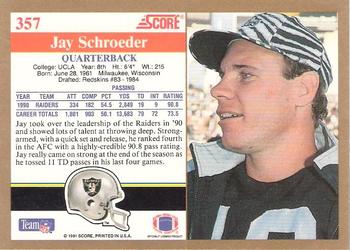 1991 Score #357 Jay Schroeder Back