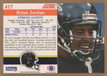 1991 Score #417 Brian Jordan Back