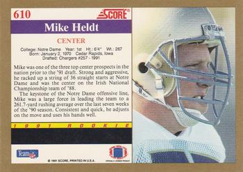 1991 Score #610 Mike Heldt Back