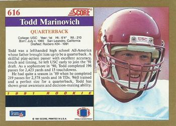 1991 Score #616 Todd Marinovich Back