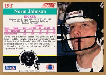 1991 Score Supplemental #19T Norm Johnson Back