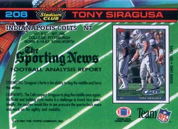 1991 Stadium Club #208 Tony Siragusa Back