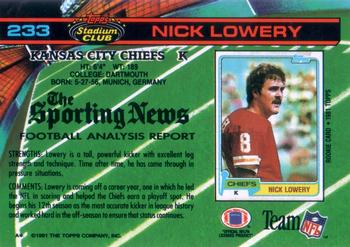 1991 Stadium Club #233 Nick Lowery Back