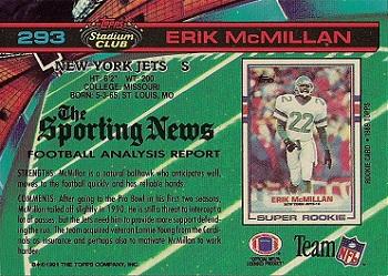 1991 Stadium Club #293 Erik McMillan Back