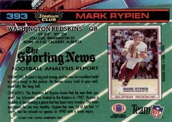 1991 Stadium Club #393 Mark Rypien Back