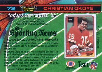 1991 Stadium Club #72 Christian Okoye Back
