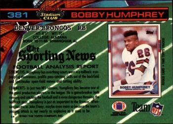 1991 Stadium Club #381 Bobby Humphrey Back