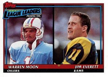1991 Topps #8 1990 Passing Yards Leaders (Warren Moon / Jim Everett) Front