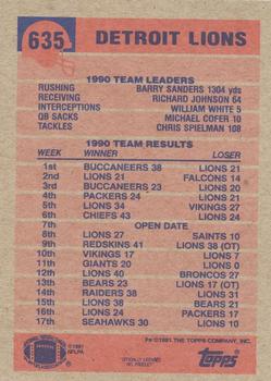 1991 Topps #635 Lions Team Leaders/Results Back