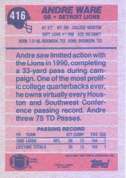 1991 Topps #416 Andre Ware Back