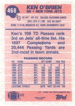 1991 Topps #468 Ken O'Brien Back