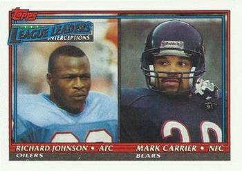 1991 Topps #11 1990 Interceptions Leaders (Richard Johnson / Mark Carrier) Front
