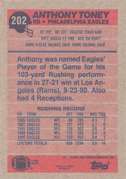 1991 Topps #202 Anthony Toney Back
