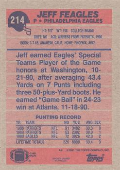 1991 Topps #214 Jeff Feagles Back