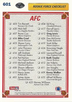 1991 Upper Deck #601 AFC Rookie Force Checklist (Mike Croel / Greg Lewis / Keith Traylor / Kenny Walker) Back
