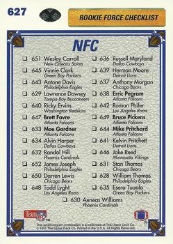 1991 Upper Deck #627 NFC Rookie Force Checklist (Brett Favre / Mike Pritchard / Erric Pegram / Moe Gardner / Bruce Pickens) Back