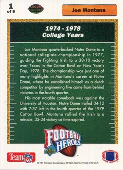 1991 Upper Deck - Football Heroes: Joe Montana #1 Joe Montana Back