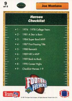 1991 Upper Deck - Football Heroes: Joe Montana #9 Joe Montana Back
