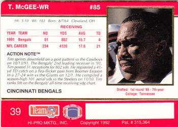 1992 Action Packed #39 Tim McGee Back