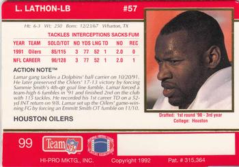 1992 Action Packed #99 Lamar Lathon Back