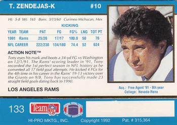 1992 Action Packed #133 Tony Zendejas Back