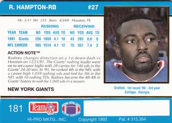 1992 Action Packed #181 Rodney Hampton Back
