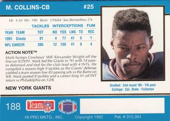 1992 Action Packed #188 Mark Collins Back