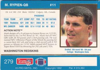 1992 Action Packed #279 Mark Rypien Back