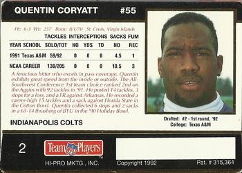 1992 Action Packed Rookie/Update #2 Quentin Coryatt Back