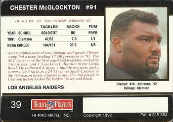 1992 Action Packed Rookie/Update #39 Chester McGlockton Back