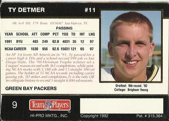 1992 Action Packed Rookie/Update #9 Ty Detmer Back